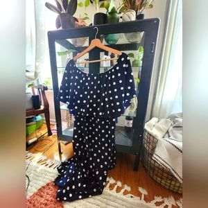 Off the Shoulder Blue and White Polka Dot  Dress